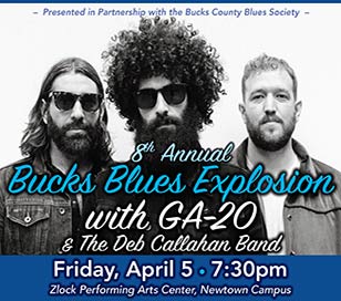 Annual Blues Concert at Bucks! GA-20 clearly is on to something big. It’s a movement, a new traditional blues revival. The dynamic, throwback blues trio are disciples of the place where traditional blues, country and rock ‘n’ roll intersect. “We make records that we would want to listen to,” says guitarist Matt Stubbs. “It’s our take on the song-based traditional electric blues we love.” Stubbs and guitarist/vocalist Pat Faherty, and drummer Tim Carman have been at the forefront of this traditional blues revival since they first formed in 2018. It’s no wonder they skyrocketed to the top of the Billboard Blues Charts. Local blues artist Deb Callahan opens the evening! Presented in partnership with the Bucks County Blues Society.